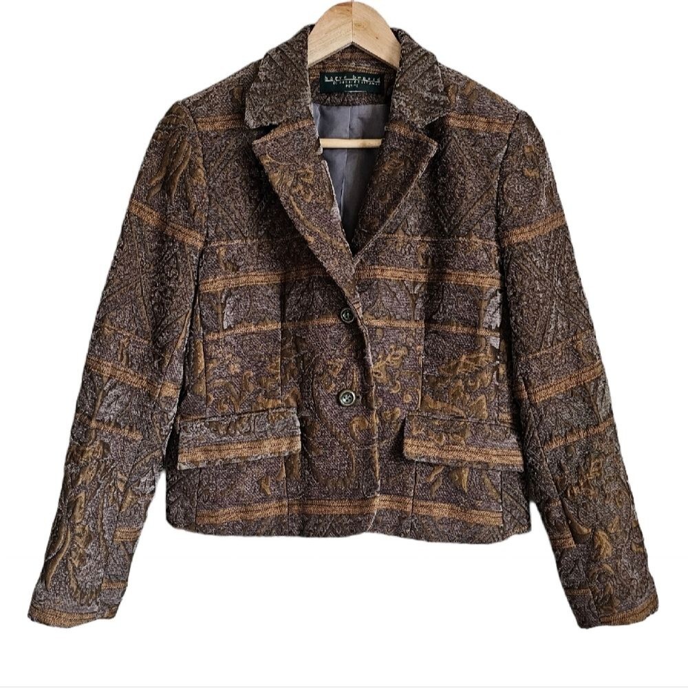 Boxy jacquard brown button lined blazer jacket